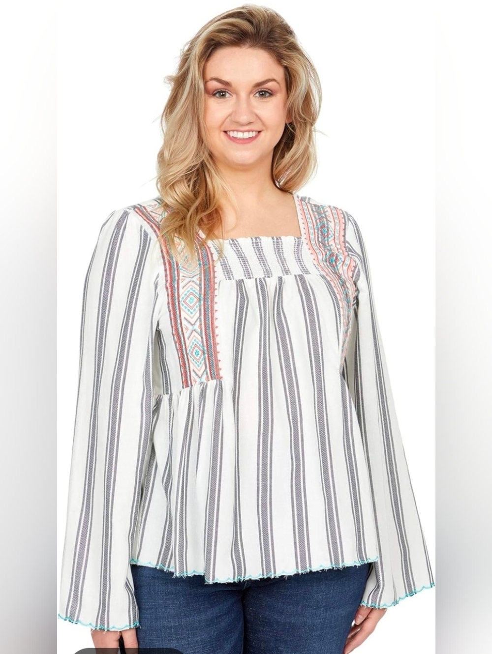 Wrangler Retro Women's Striped Embroidered Long Bell Sleeve Peasant Top